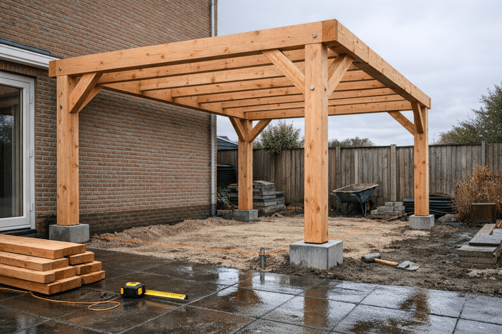 Welke fundering heb je nodig voor een douglas overkapping 500×300 en wanneer kies je voor betonpoeren in plaats van een volledige betonplaat?