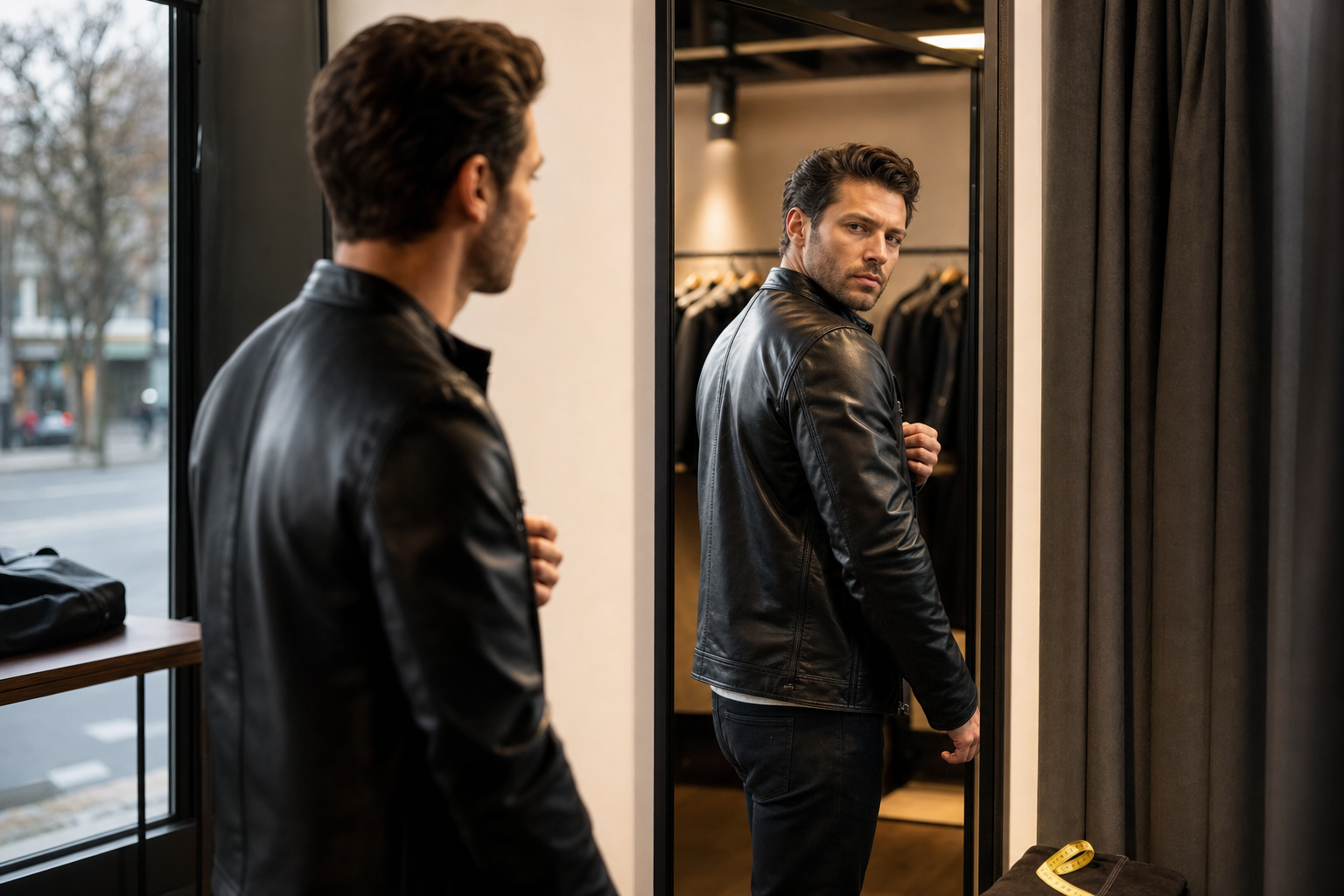 Man met leren jas probeert de pasvorm