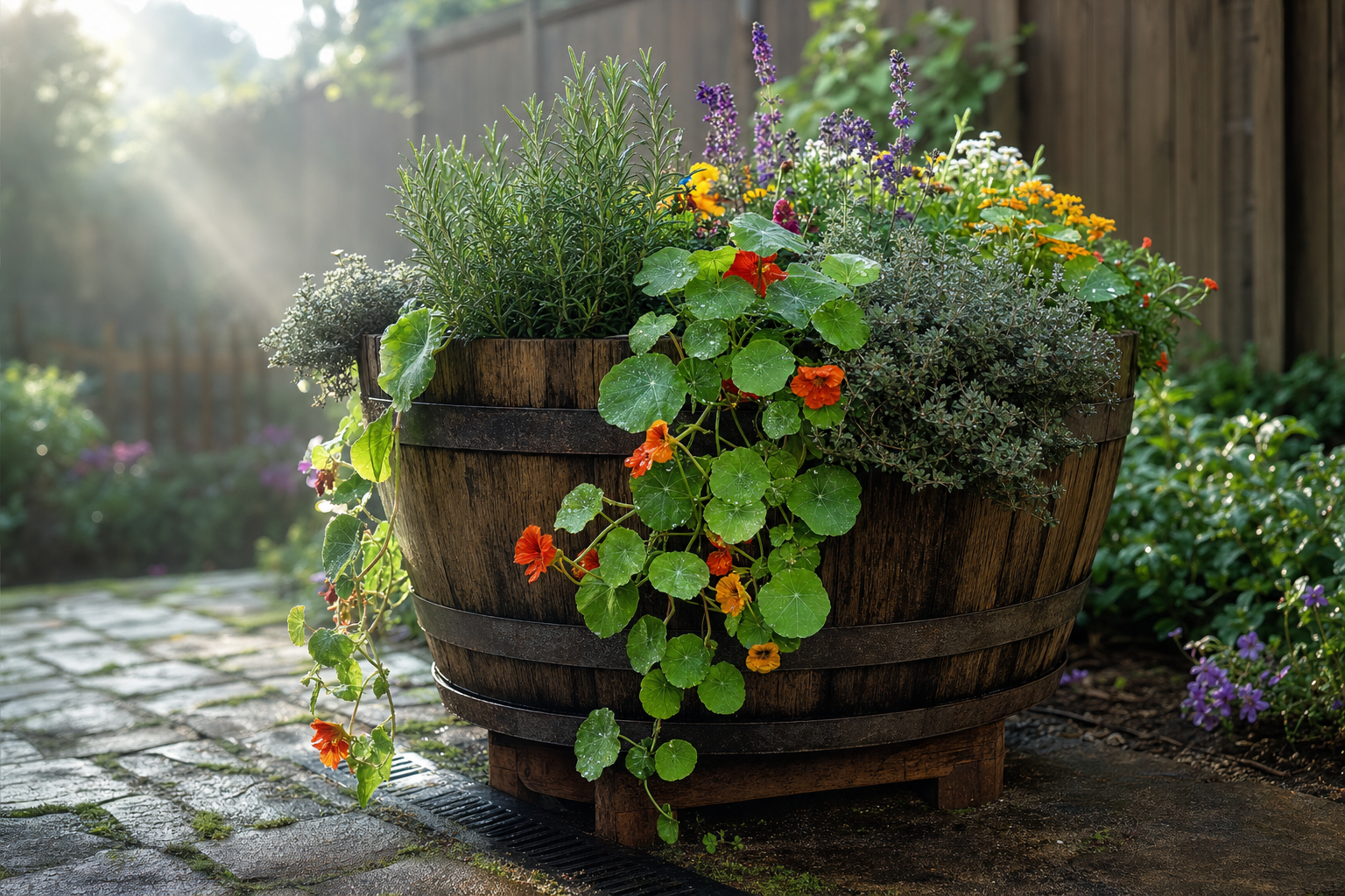 Beplanting in wijnvat plantenbak
