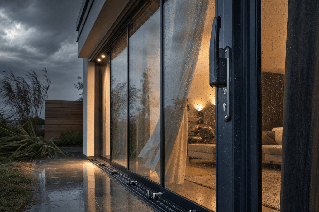 Hoe veilig zijn glazen schuifwanden tegen inbraak en stormschade, en welke extra opties (slot, gelaagd glas, windhaken) verhogen de veiligheid?